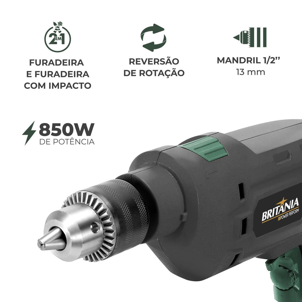 Furadeira Britânia BFUE04 Função Impacto 850W – Potência, Resistência e Precisão em Suas Mãos