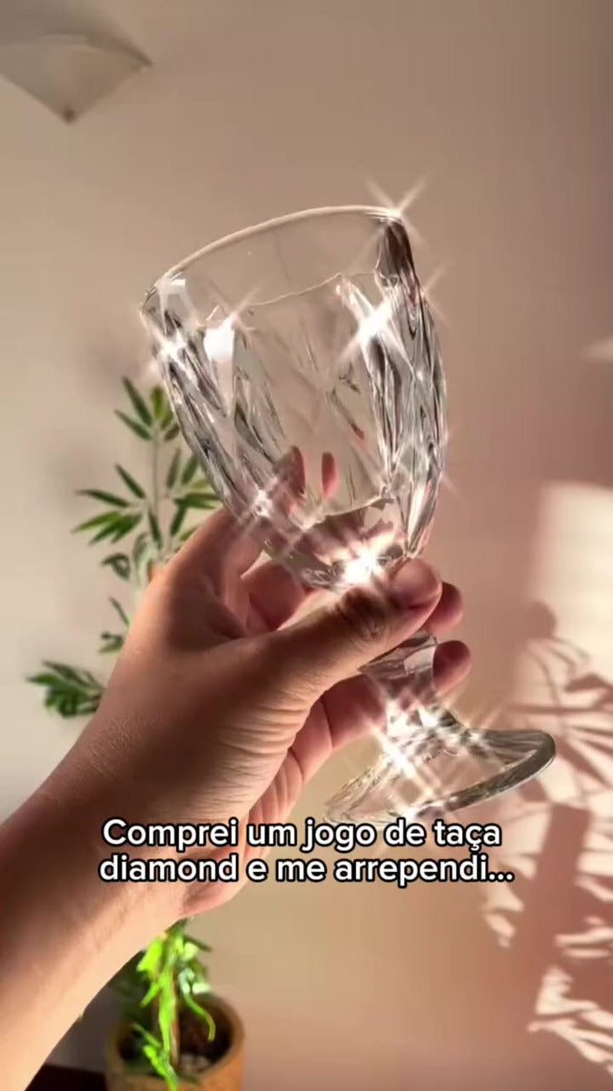 Jogo 6 Taças Diamante Vidro 330ml Copo Diamond Moderno Luxo Transparente Butter Cream Diamante Lapidado