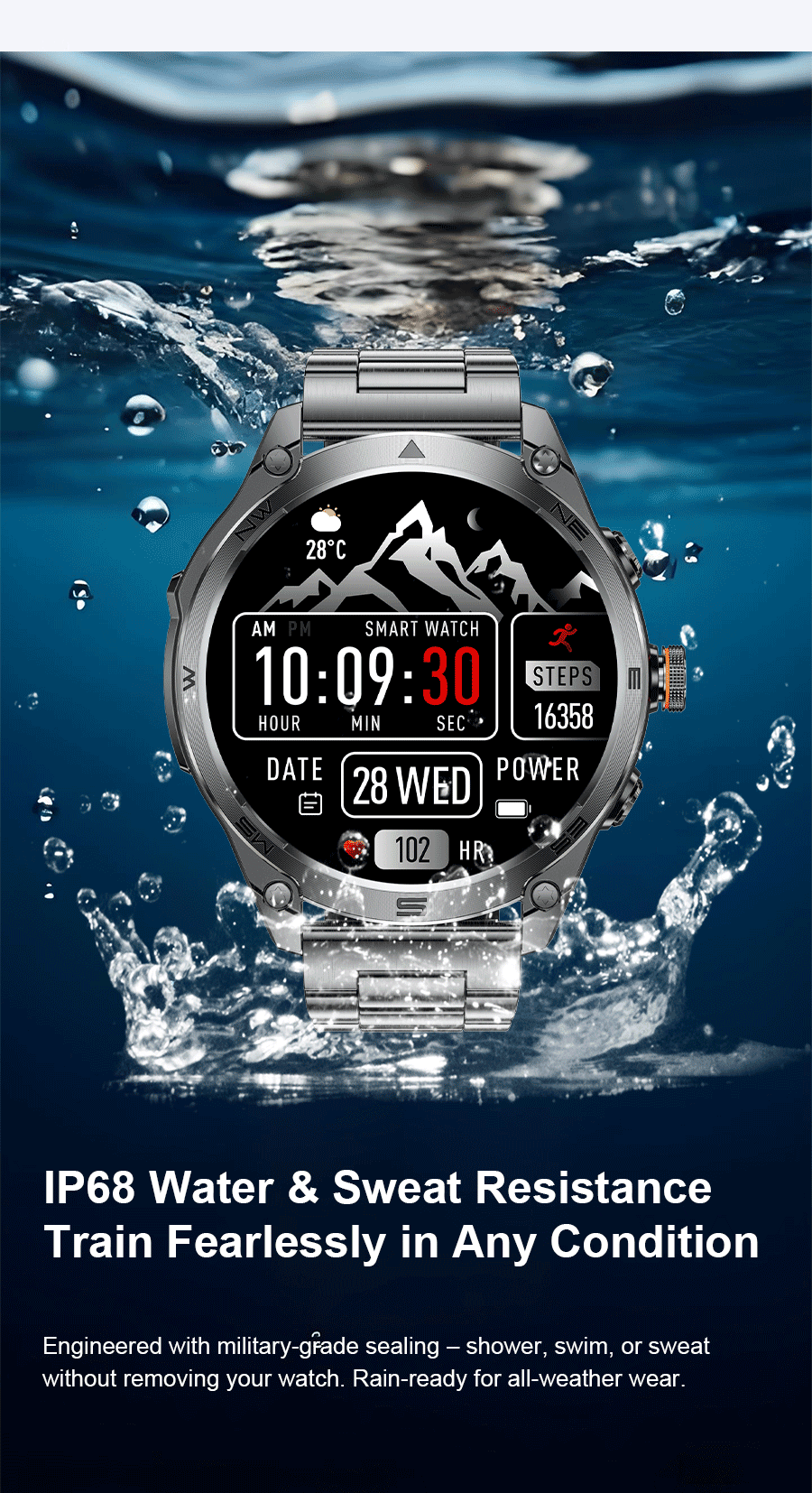 Smartwatch Militar 2025 – GPS, Bússola, Lanterna, 10ATM e Bateria 1000mAh