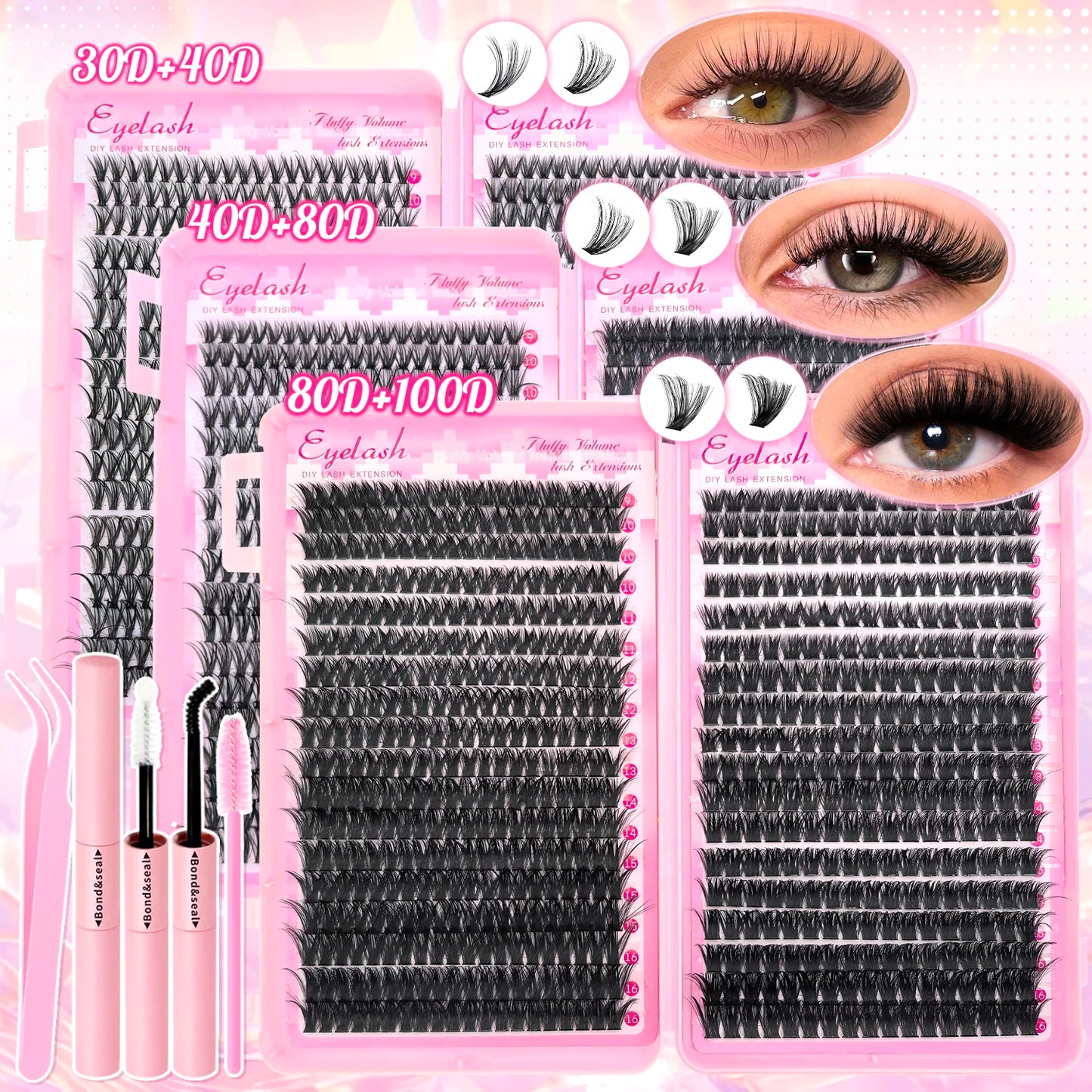 Kit de Extensão de Cílios DIY – 720 Peças com Clusters Individuais, Cola e Selante