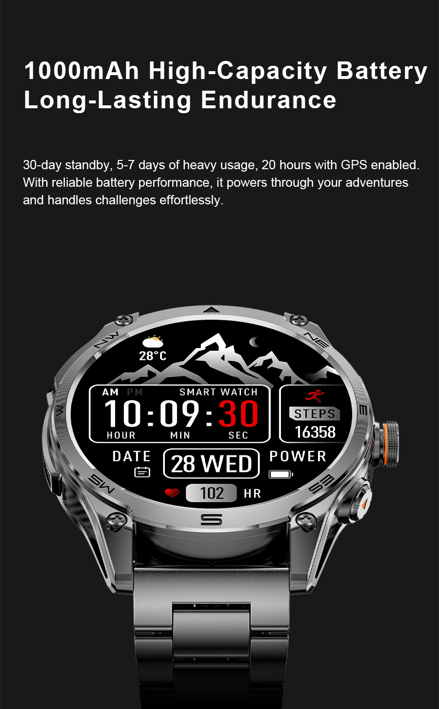 Smartwatch Militar 2025 – GPS, Bússola, Lanterna, 10ATM e Bateria 1000mAh