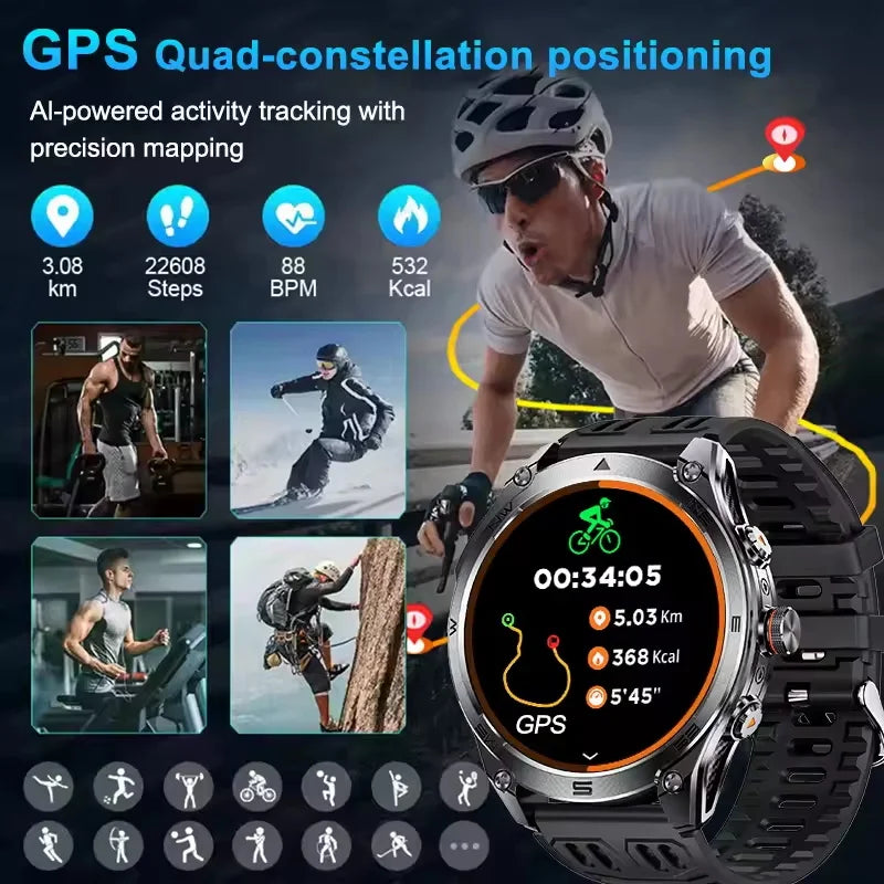 Smartwatch Militar 2025 – GPS, Bússola, Lanterna, 10ATM e Bateria 1000mAh