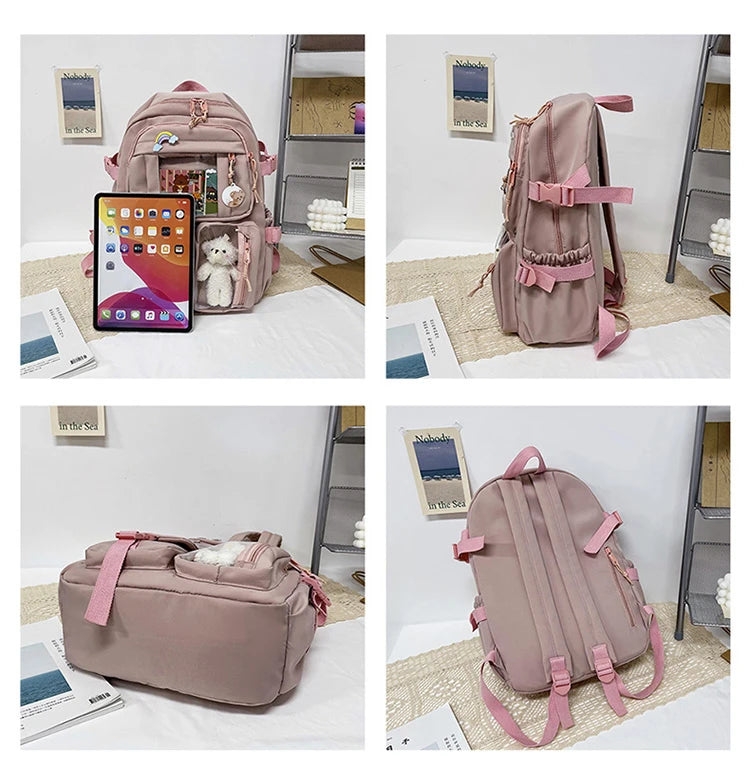 Mochila Feminina Impermeável Multi-Bolsos – Estilo Kawaii para Escola, Faculdade e Laptop