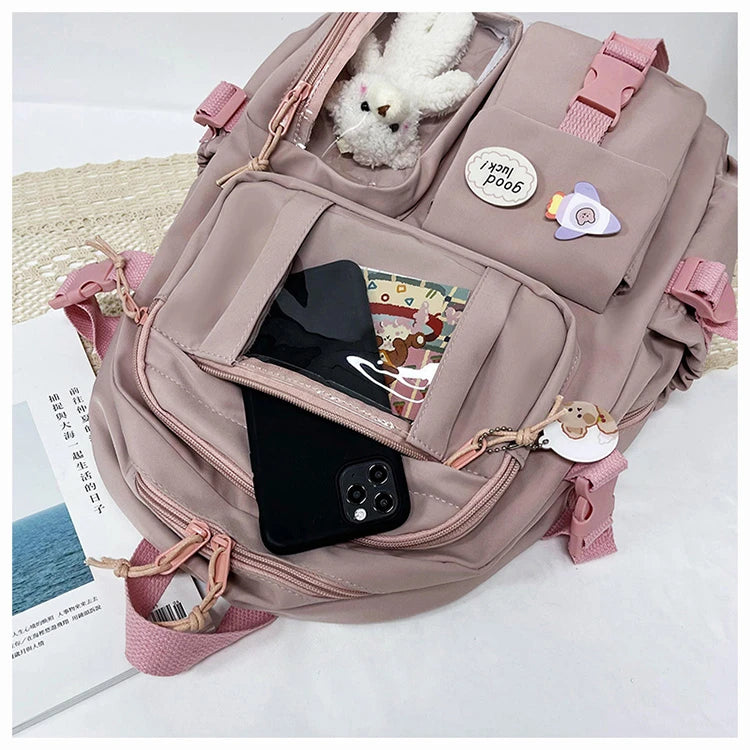 Mochila Feminina Impermeável Multi-Bolsos – Estilo Kawaii para Escola, Faculdade e Laptop