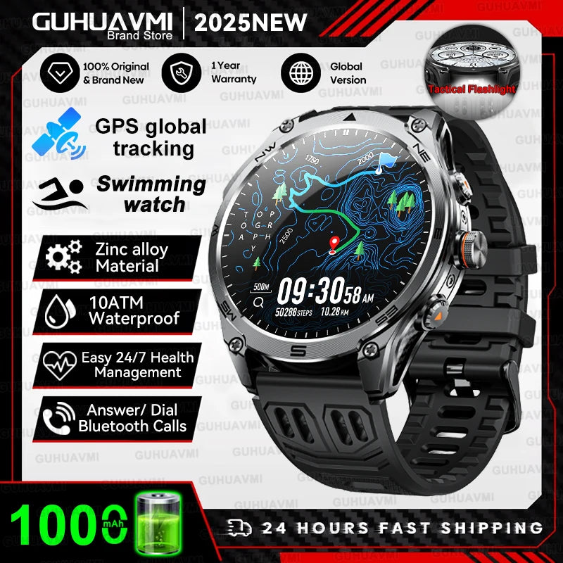 Smartwatch Militar 2025 – GPS, Bússola, Lanterna, 10ATM e Bateria 1000mAh