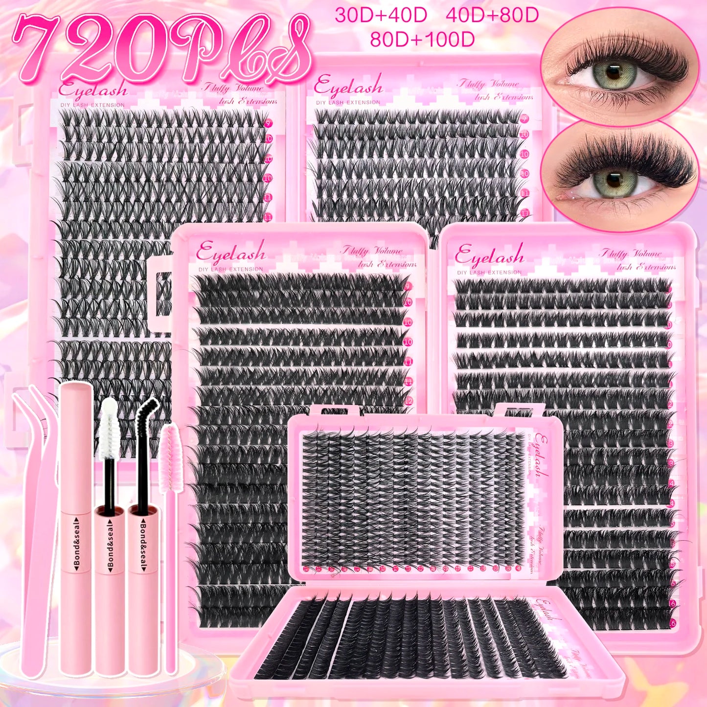 Kit de Extensão de Cílios DIY – 720 Peças com Clusters Individuais, Cola e Selante
