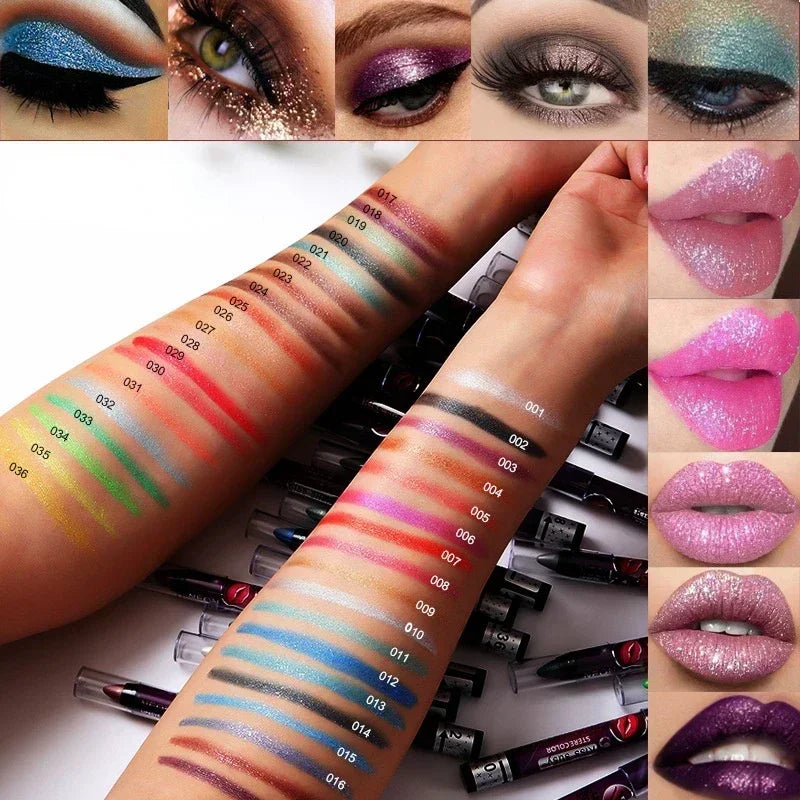 Lápis 2 em 1 Sombra e Batom – À Prova d’Água, Longa Duração e Efeito Glitter