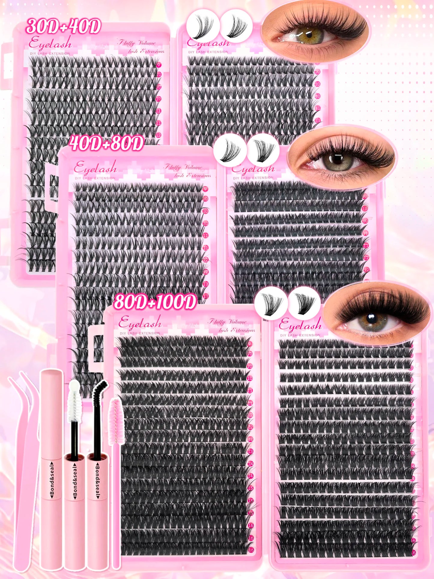 Kit de Extensão de Cílios DIY – 720 Peças com Clusters Individuais, Cola e Selante
