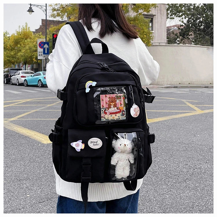 Mochila Feminina Impermeável Multi-Bolsos – Estilo Kawaii para Escola, Faculdade e Laptop