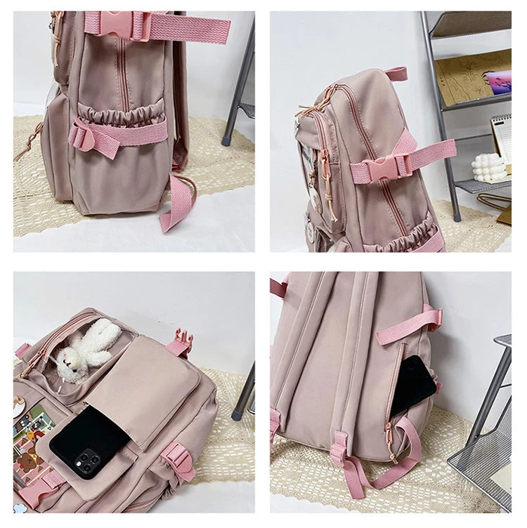 Mochila Feminina Impermeável Multi-Bolsos – Estilo Kawaii para Escola, Faculdade e Laptop