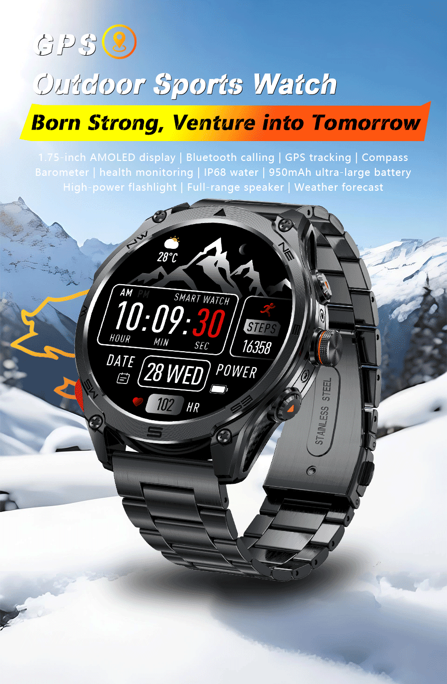 Smartwatch Militar 2025 – GPS, Bússola, Lanterna, 10ATM e Bateria 1000mAh