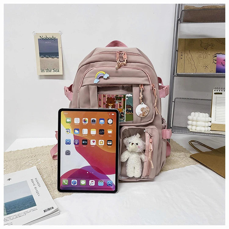 Mochila Feminina Impermeável Multi-Bolsos – Estilo Kawaii para Escola, Faculdade e Laptop