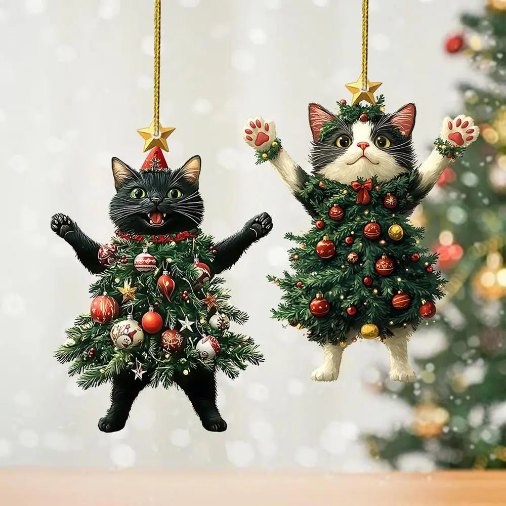 Pingente de Gato Natalino – Enfeite Acrílico 2D para Árvore de Natal e Ano Novo 2025