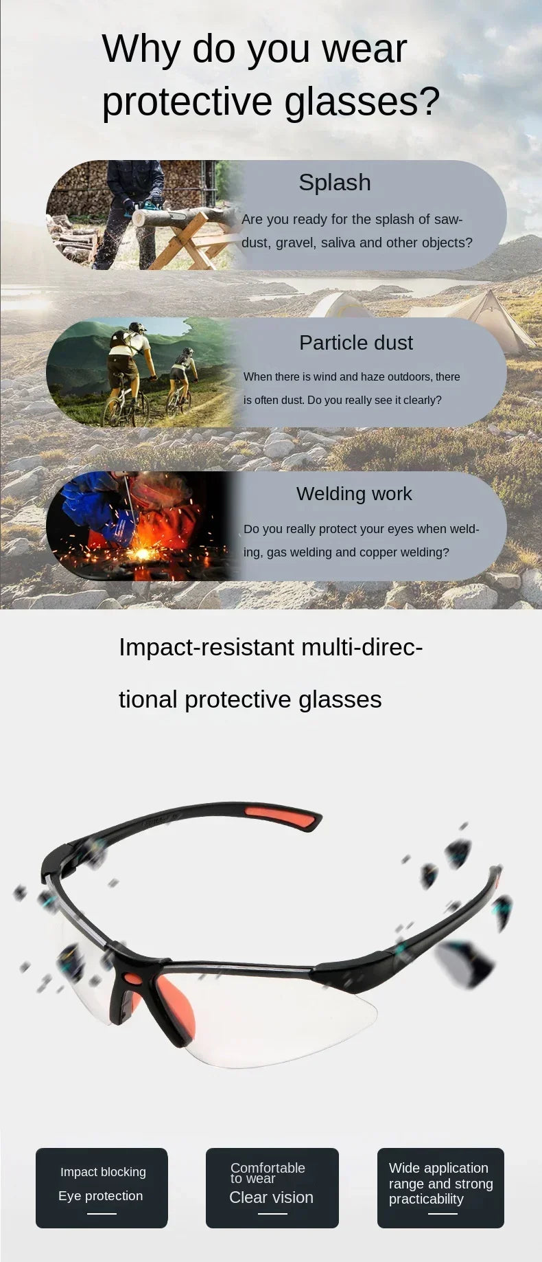 Óculos de Proteção Transparente – À Prova de Vento, Poeira e Respingos, Visão Panorâmica 180° para Ciclismo, Trabalho e Laboratório