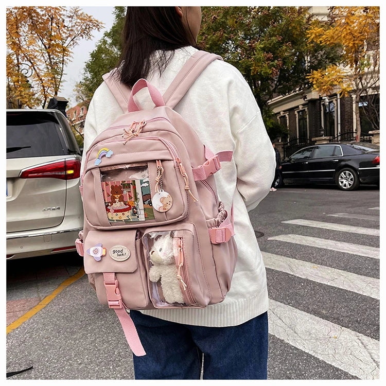 Mochila Feminina Impermeável Multi-Bolsos – Estilo Kawaii para Escola, Faculdade e Laptop