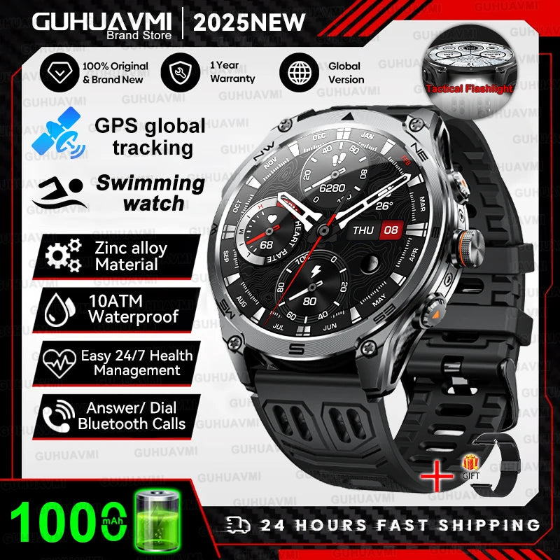 Smartwatch Militar 2025 – GPS, Bússola, Lanterna, 10ATM e Bateria 1000mAh