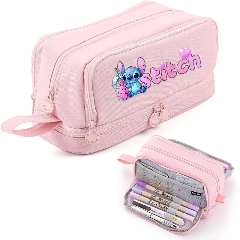 Estojo Disney Stitch de Grande Capacidade – Oxford Resistente, Portátil e Organizador para Escola e Escritório