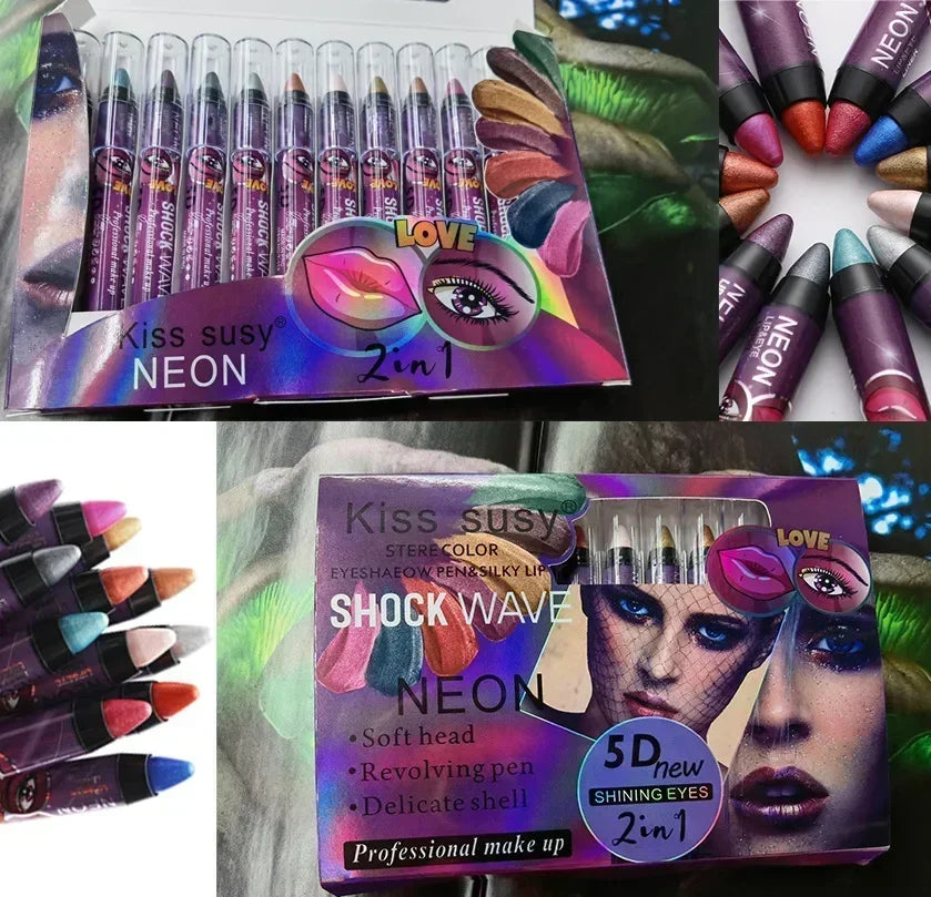 Lápis 2 em 1 Sombra e Batom – À Prova d’Água, Longa Duração e Efeito Glitter