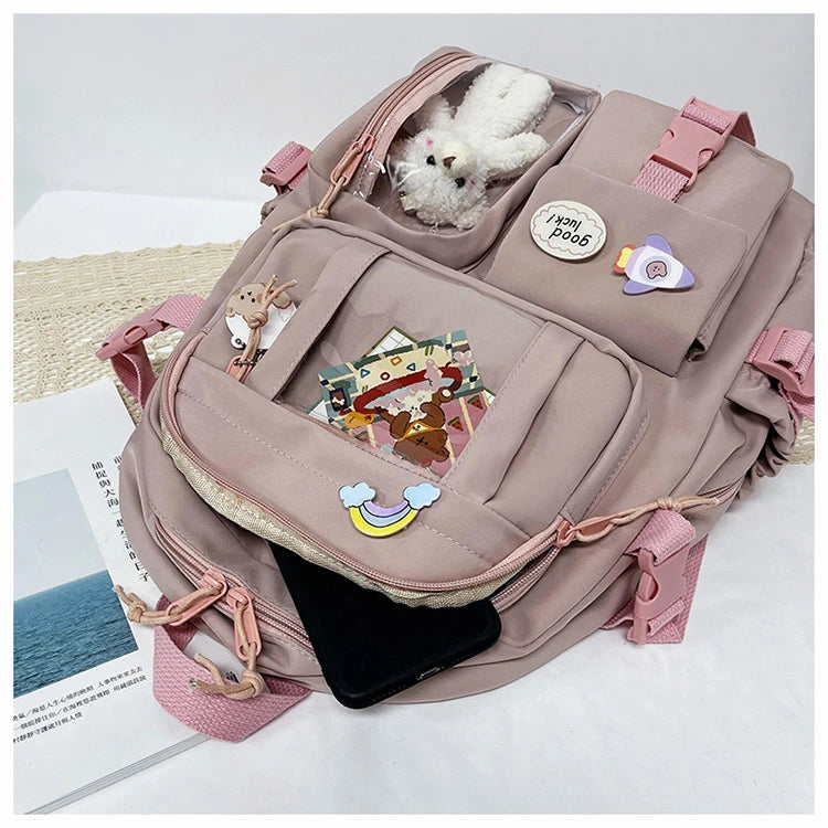 Mochila Feminina Impermeável Multi-Bolsos – Estilo Kawaii para Escola, Faculdade e Laptop