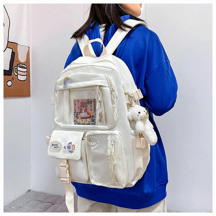 Mochila Feminina Impermeável Multi-Bolsos – Estilo Kawaii para Escola, Faculdade e Laptop