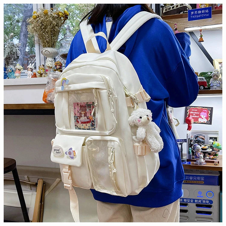 Mochila Feminina Impermeável Multi-Bolsos – Estilo Kawaii para Escola, Faculdade e Laptop