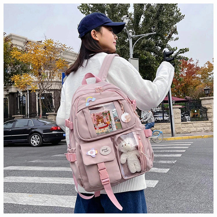 Mochila Feminina Impermeável Multi-Bolsos – Estilo Kawaii para Escola, Faculdade e Laptop
