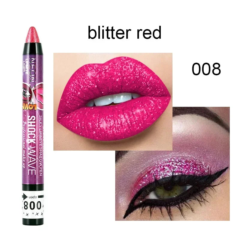 Lápis 2 em 1 Sombra e Batom – À Prova d’Água, Longa Duração e Efeito Glitter