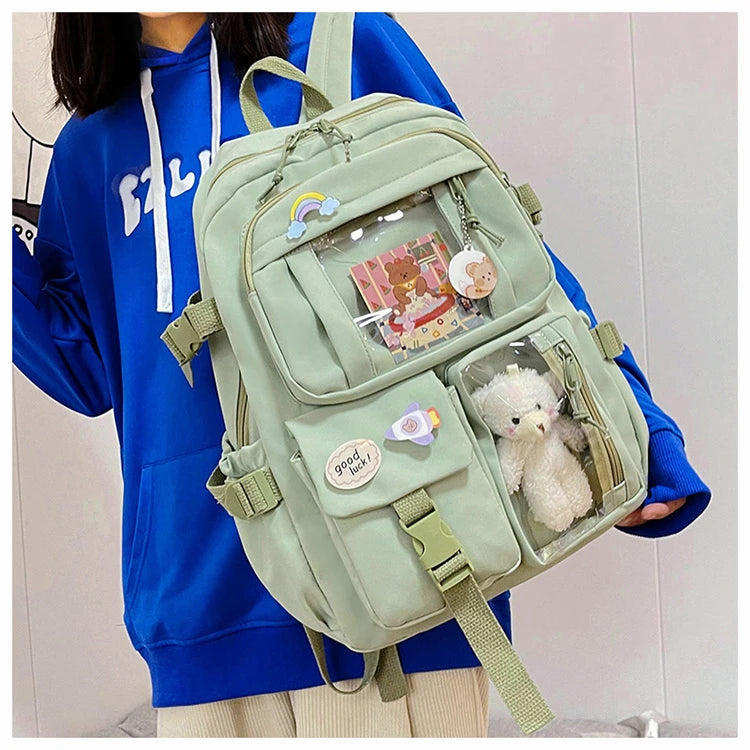 Mochila Feminina Impermeável Multi-Bolsos – Estilo Kawaii para Escola, Faculdade e Laptop