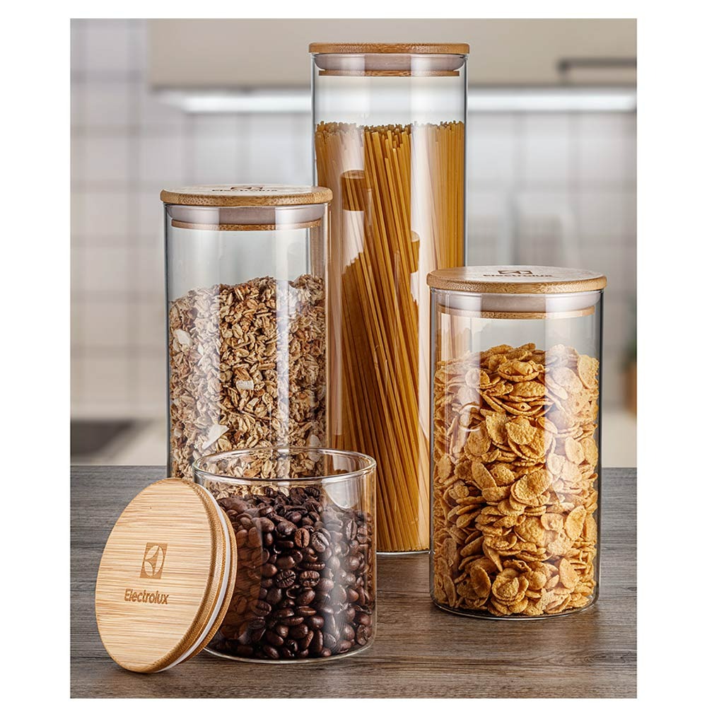 Jogo de Potes Electrolux em Vidro com Tampa de Bambu 4 Peças – Organização e Elegância na Sua Cozinha