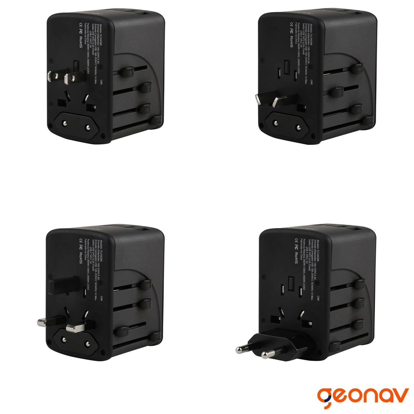 Carregador Universal Geonav com Adaptadores de Viagem – 4 USB + 1 USB-C, Preto