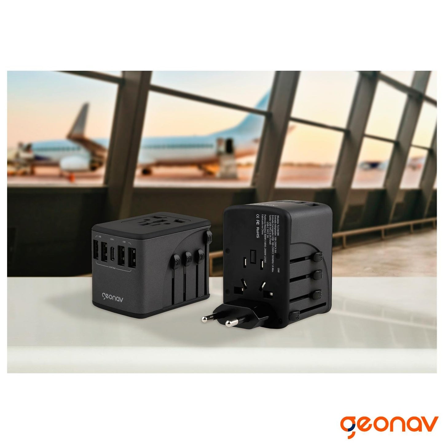 Carregador Universal Geonav com Adaptadores de Viagem – 4 USB + 1 USB-C, Preto