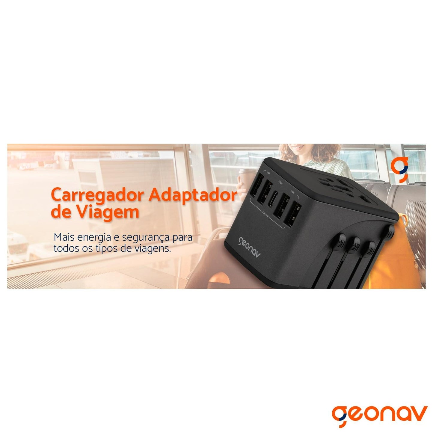 Carregador Universal Geonav com Adaptadores de Viagem – 4 USB + 1 USB-C, Preto