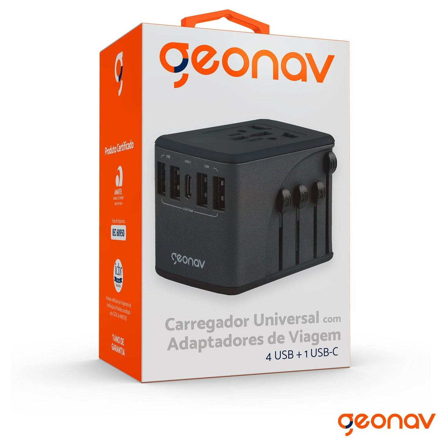 Carregador Universal Geonav com Adaptadores de Viagem – 4 USB + 1 USB-C, Preto