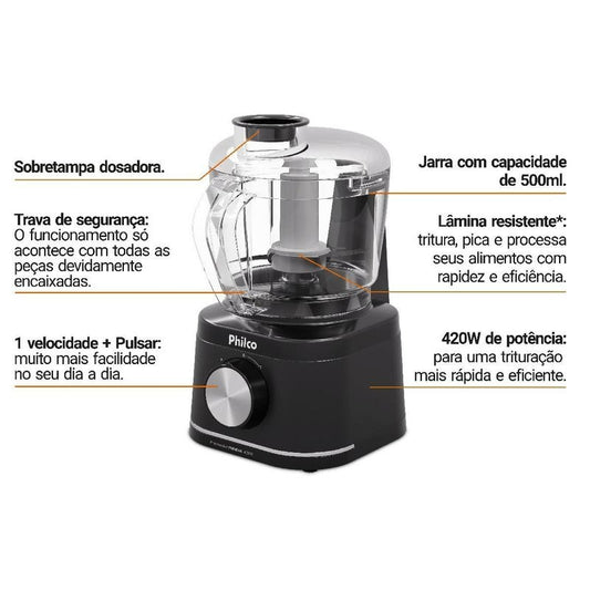 Processador Philco PMN04A 420W, Jarra 500ml, 1 Velocidade + Pulsar, Preto – SEG IMPORTS