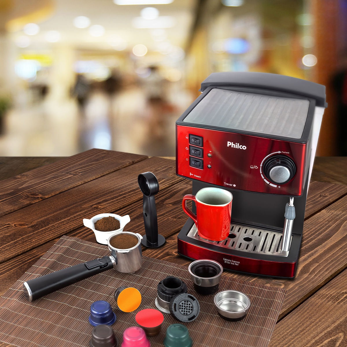 Cafeteira Expresso & Cápsulas Philco PCF24 20 Bar Inox Red 1,6L 4 em 1