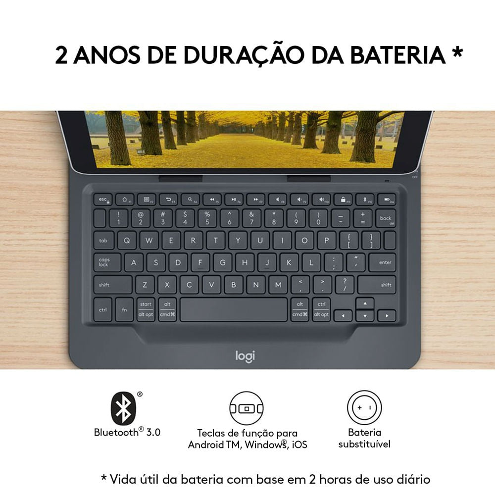 Capa com Teclado Bluetooth Logitech Universal Folio para Tablets 9-10” Android, Apple e Windows – Preto