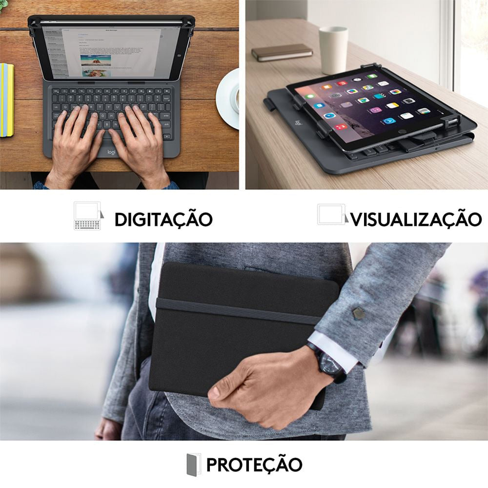 Capa com Teclado Bluetooth Logitech Universal Folio para Tablets 9-10” Android, Apple e Windows – Preto