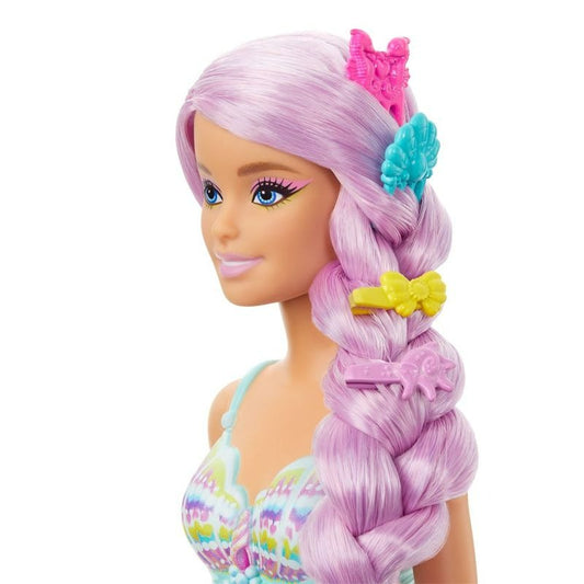Boneca Barbie Sereia Cabelo Longo Lilás Cauda Rosa Escova e Acessórios