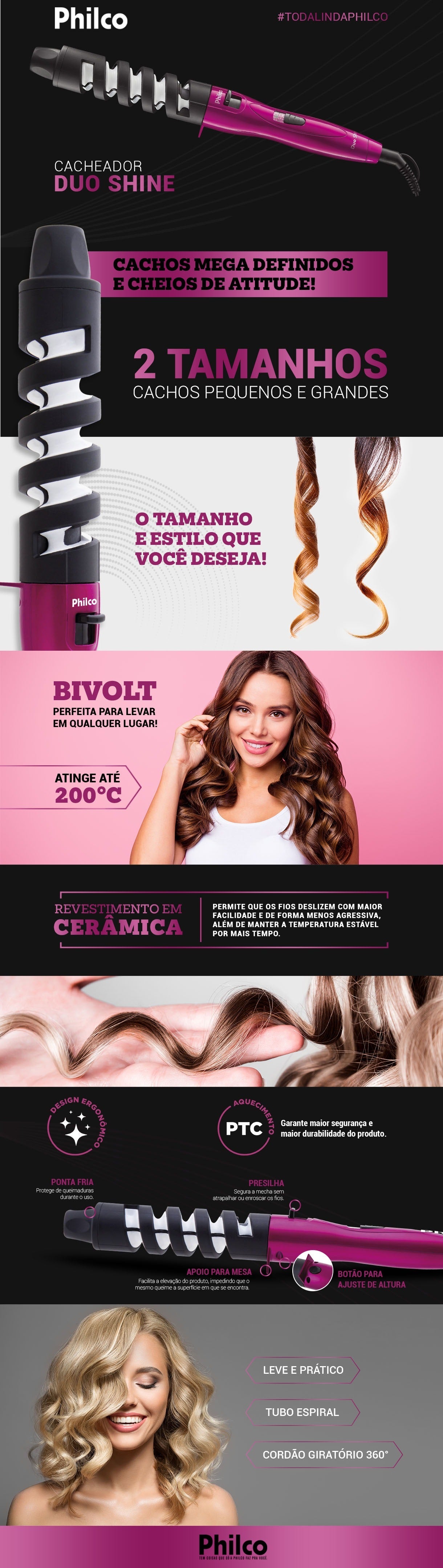 Cacheador Philco Duo Shine Rosa – Tubo em Cerâmica, Espiral Integrado, Bivolt, Cordão Giratório 360° e Cachos Perfeitos em Minutos – Seg Imports