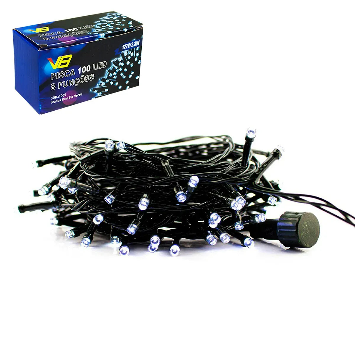 Cordão de Luz Natalino Pisca Pisca 100 LEDs Branco 127V 9,7m Fio Verde V8 Iluminatal