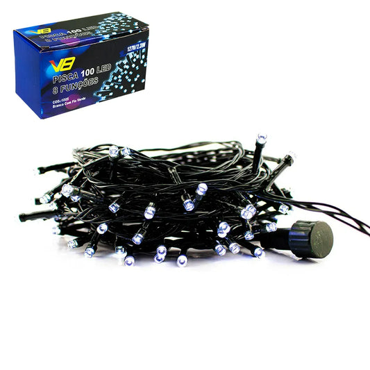 Cordão de Luz Natalino Pisca Pisca 100 LEDs Branco 127V 9,7m Fio Verde V8 Iluminatal