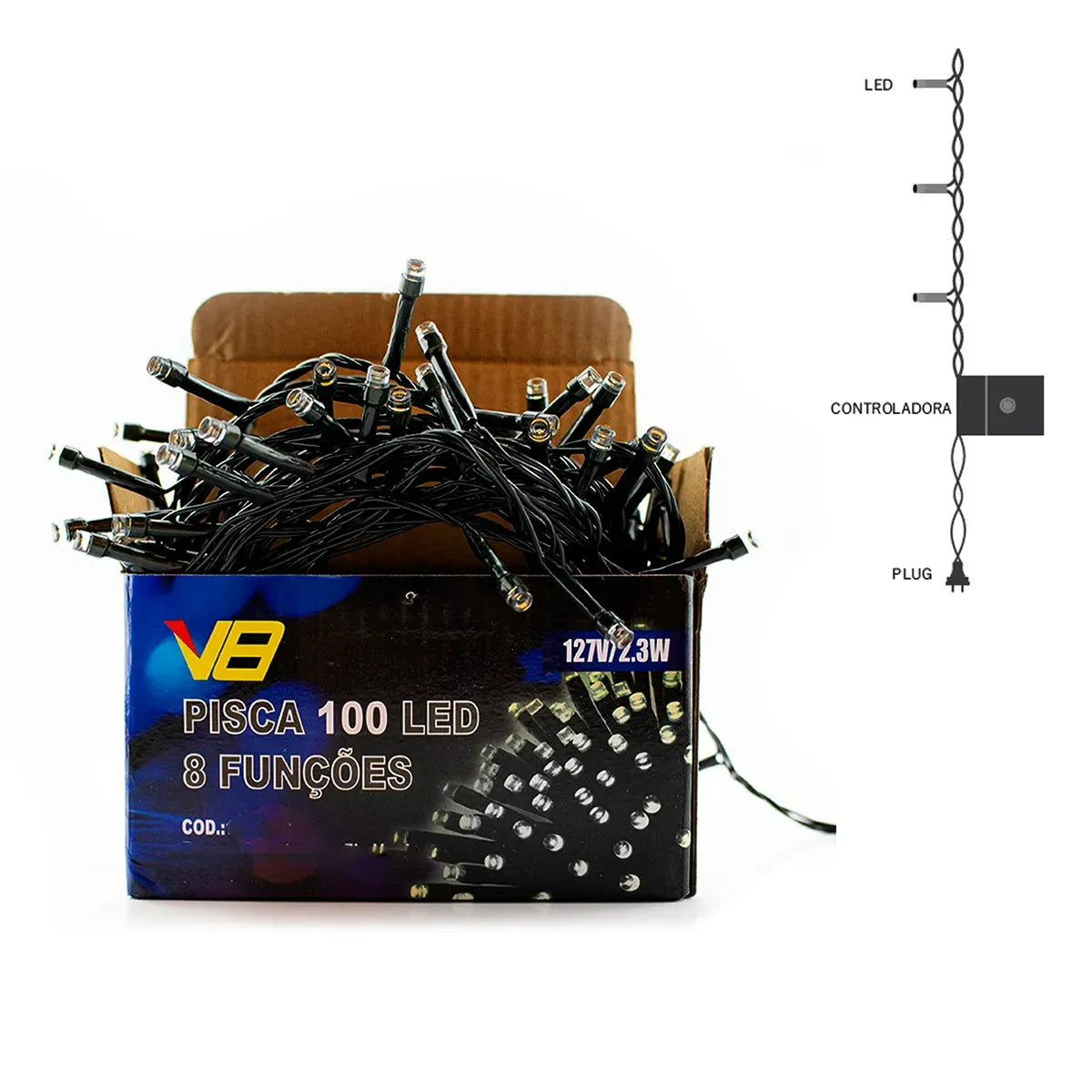 Cordão de Luz Natalino Pisca Pisca 100 LEDs Branco 127V 9,7m Fio Verde V8 Iluminatal