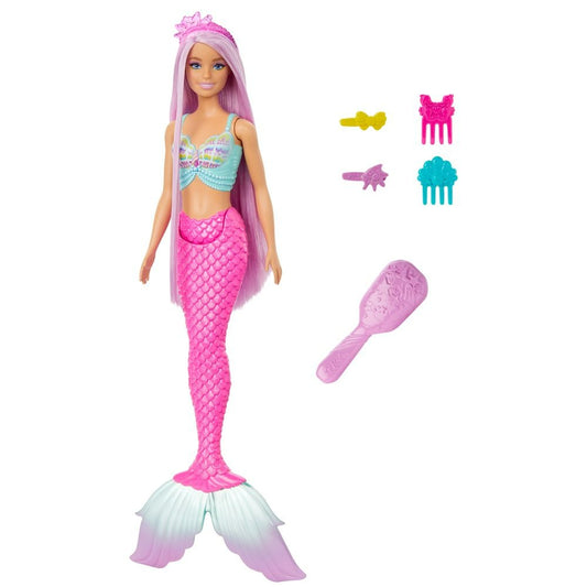 Boneca Barbie Sereia Cabelo Longo Lilás Cauda Rosa Escova e Acessórios