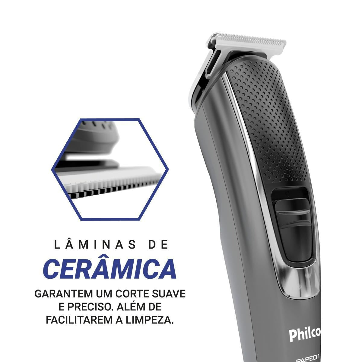 Aparador de Pelos Philco 8 Acessórios PAPE01 Bivolt – Lâminas em Cerâmica Laváveis, Bateria de Lítio 2h de Autonomia, Uso com ou sem Fio, Base de Apoio e Carregamento USB – Seg Imports