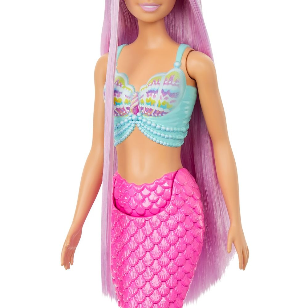 Boneca Barbie Sereia Cabelo Longo Lilás Cauda Rosa Escova e Acessórios