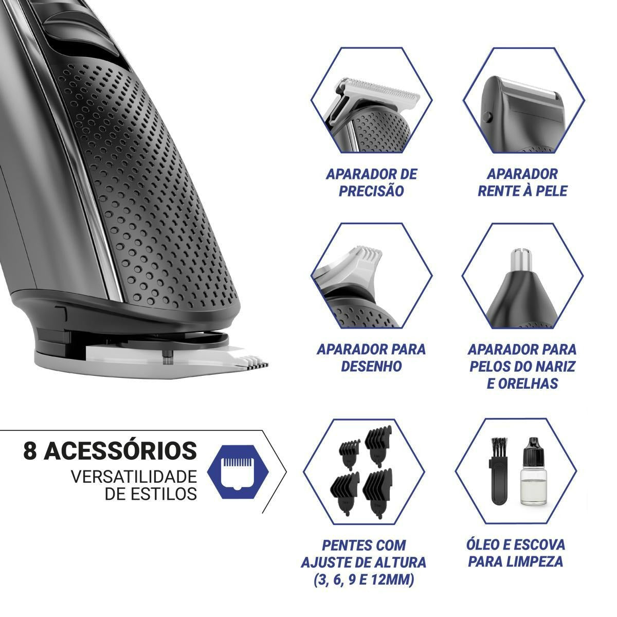Aparador de Pelos Philco 8 Acessórios PAPE01 Bivolt – Lâminas em Cerâmica Laváveis, Bateria de Lítio 2h de Autonomia, Uso com ou sem Fio, Base de Apoio e Carregamento USB – Seg Imports