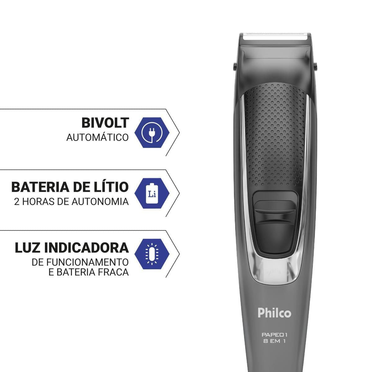 Aparador de Pelos Philco 8 Acessórios PAPE01 Bivolt – Lâminas em Cerâmica Laváveis, Bateria de Lítio 2h de Autonomia, Uso com ou sem Fio, Base de Apoio e Carregamento USB – Seg Imports