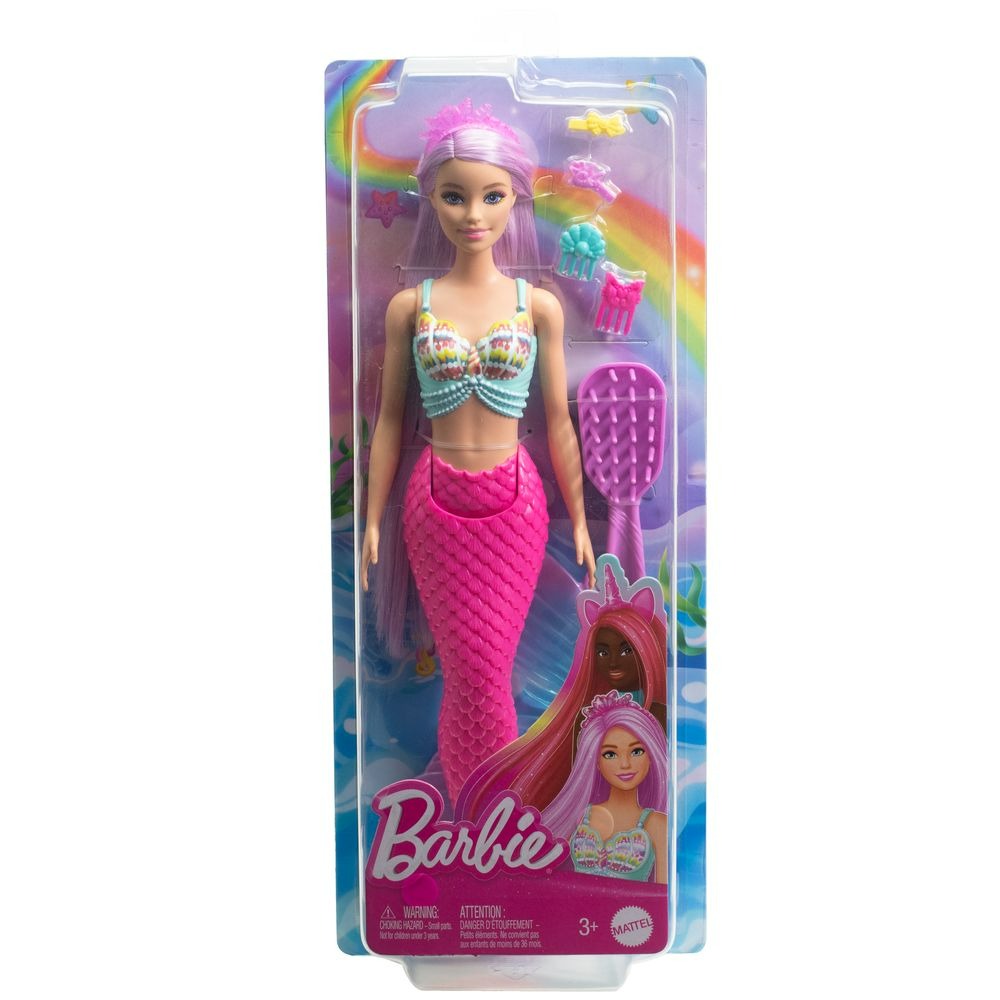 Boneca Barbie Sereia Cabelo Longo Lilás Cauda Rosa Escova e Acessórios