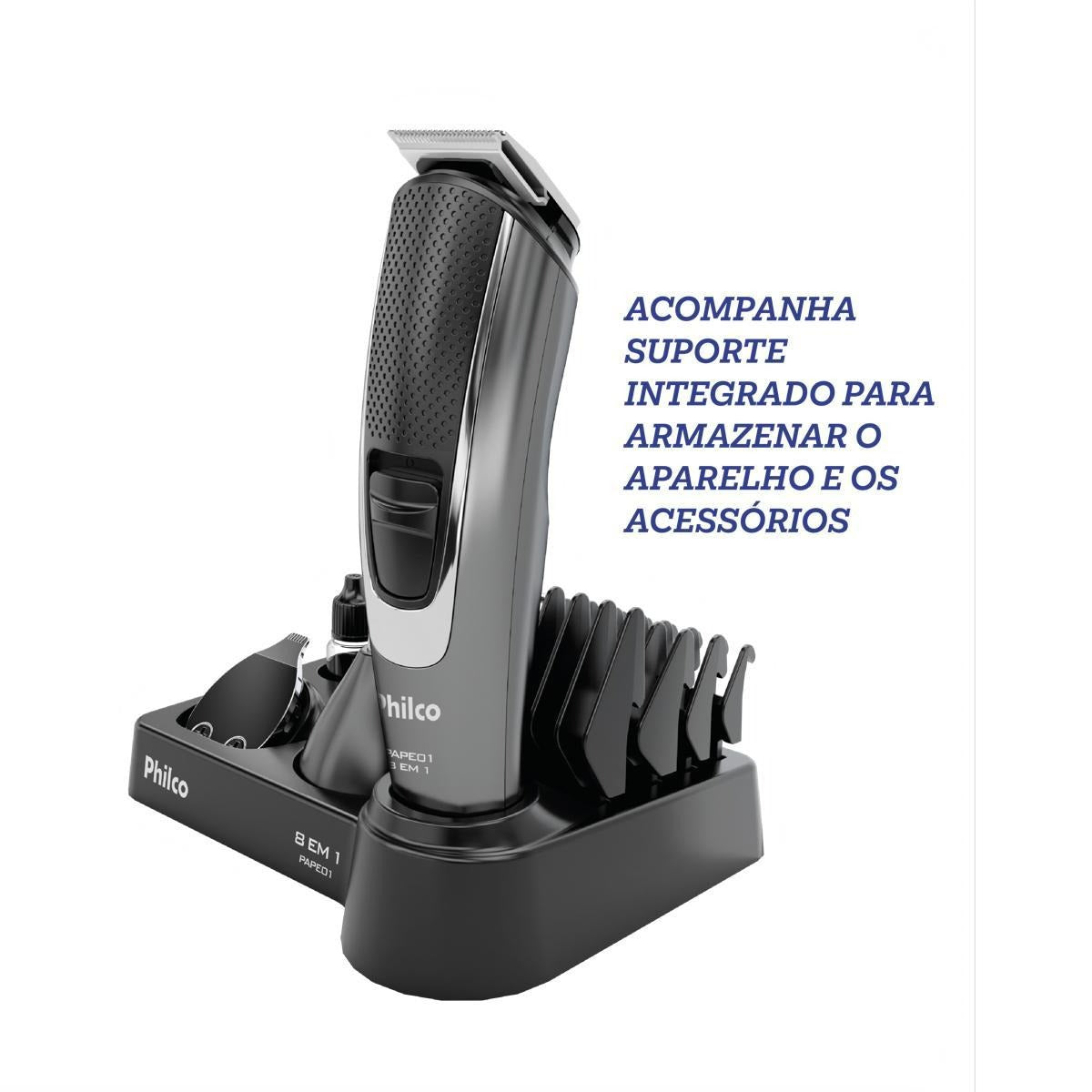 Aparador de Pelos Philco 8 Acessórios PAPE01 Bivolt – Lâminas em Cerâmica Laváveis, Bateria de Lítio 2h de Autonomia, Uso com ou sem Fio, Base de Apoio e Carregamento USB – Seg Imports
