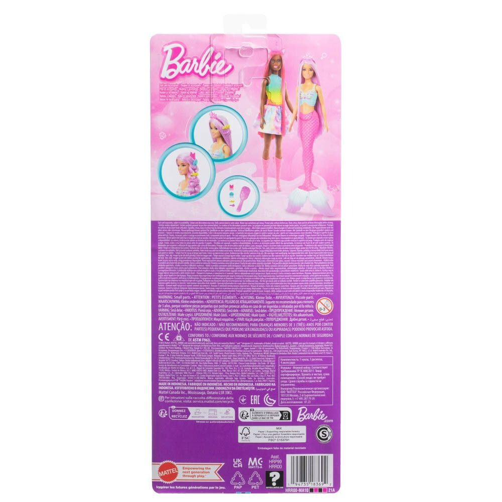 Boneca Barbie Sereia Cabelo Longo Lilás Cauda Rosa Escova e Acessórios